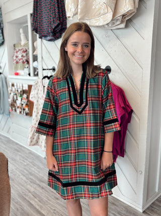Holiday Cheers Velvet Trim Plaid Dress