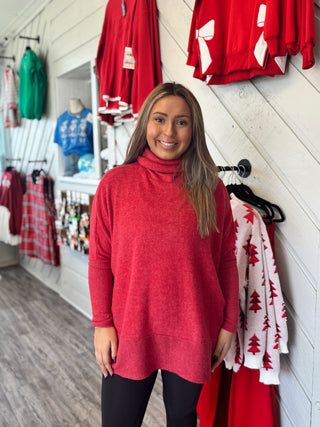 Cozy Luxe Brushed Turtleneck Sweater – Dark Red