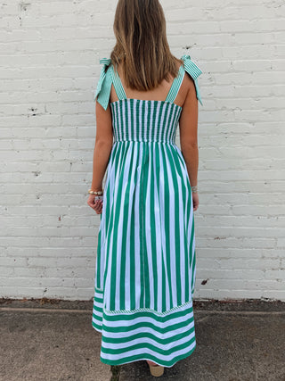 Lucky Stripe Bow-Shoulder Midi Dress