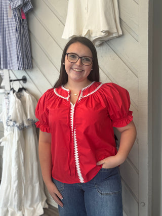 Emilia Red Puff Sleeve Peasant Blouse with Zigzag Trim