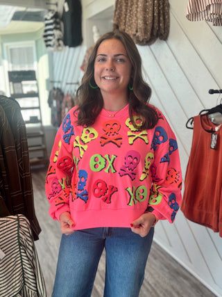 Queen of Sparkles Neon Pink Multi Skull & Crossbones Sweatshirt