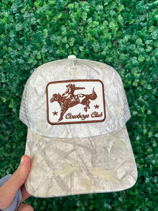 Western COWBOT CLUB Patch in Printed Mesh Baseball Hat: Beige Camo