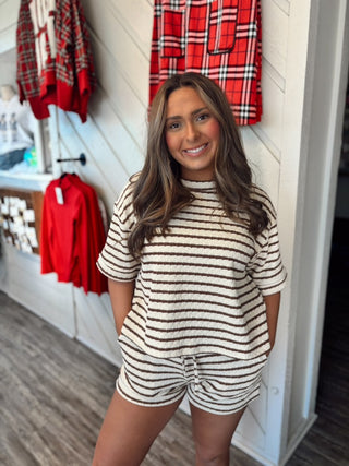 Brown Cozy Stripe Textured Tee & Shorts Set