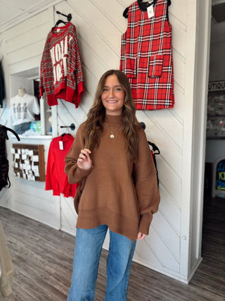 Deep Camel Luxe Oversized Side-Slit Sweater