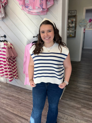 Oversized Crew Neck Striped Sweater Vest in Navy