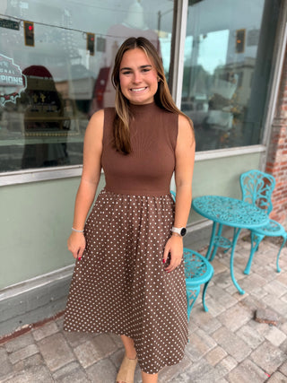 Mocha Moment Mock Neck Polka Dot Midi Dress