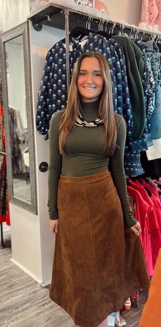 Camel Suede Midi Luxe Skirt