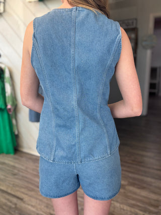 Denim Button-Up Vest – Chic Sleeveless Jean Top