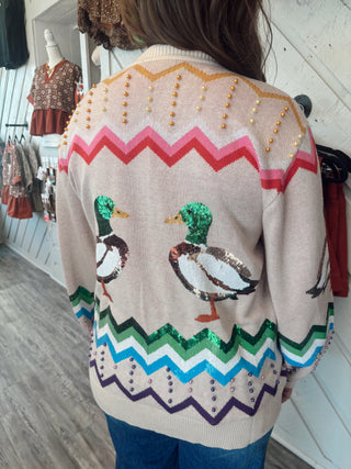 Queen of Sparkles Beige Multi Zig Zag Duck Cardigan
