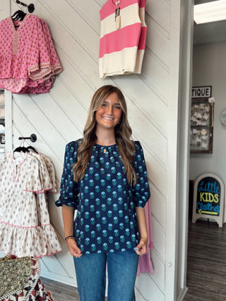Mary Square Floral Foulard Blue Azalea Top