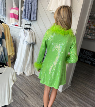 Queen of Sparkles Green Full Sequin Feather Trim Grinch Heart Dress