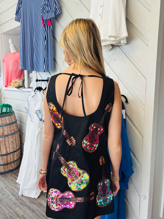 Queen of Sparkles Black Multi Guitars Cotton Tank Dress