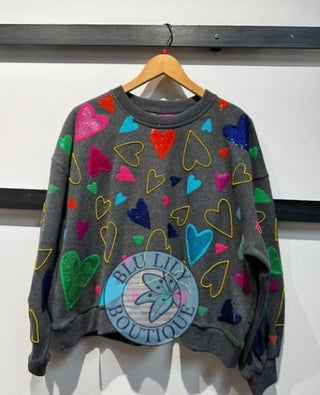 Queen of Sparkles Grey Groovy Hearts All Over Sweatshirt