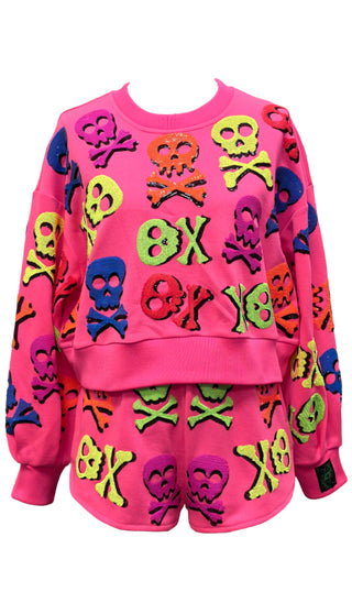 Queen of Sparkles Neon Pink Multi Skull & Crossbones Sweatshirt