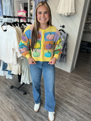 Queen of Sparkles Pastel Colorblock Pumpkin Button Up Cardigan