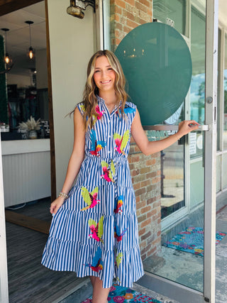 Queen of Sparkles Navy and White Stripe Multi Parrot Tie Midi Dress