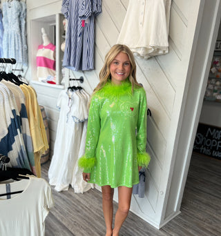 Queen of Sparkles Green Full Sequin Feather Trim Grinch Heart Dress