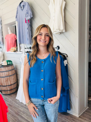 Coastal Charm Knit Button Vest – Blue