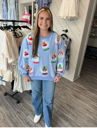 Queen of Sparkles Powder Blue Christmas Snow Globe Sweatshirt
