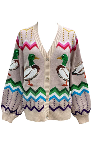 Queen of Sparkles Beige Multi Zig Zag Duck Cardigan