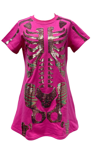 Queen of Sparkles Hot Pink Multi Skeleton Body Tee Dress