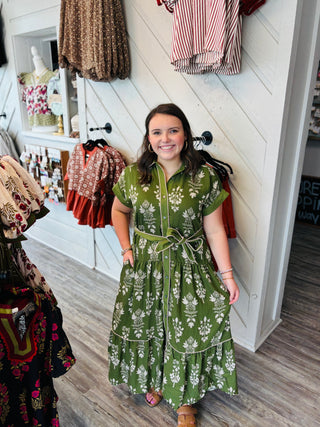 Botanical Breeze Midi Dress – Olive Green