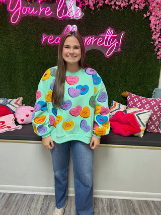 Queen of Sparkles Mint Fuzzy Candy Heart Queen Sweatshirt