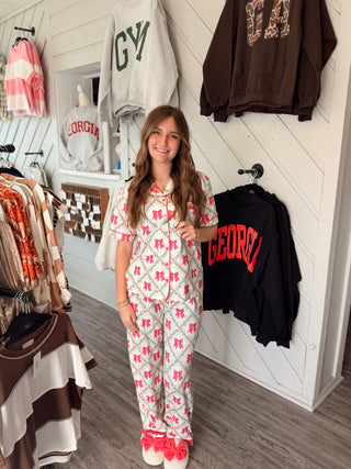 Pretty Lattice Bow Ruffle Pajama Set