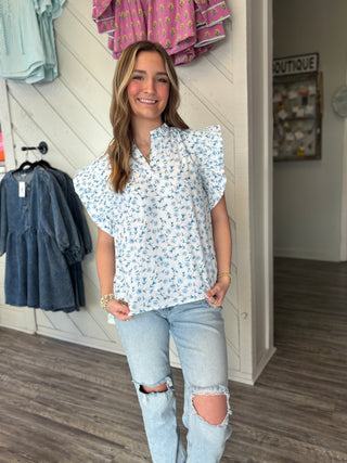 Simply Southern Ruffle Sleeve Small Blue Buds Top