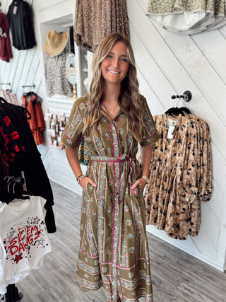 Olive Breeze Midi Shirt Dress