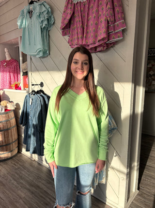 Oversized Terry V-Neck Pullover- Lime