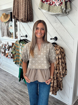 Sand Bloom Contrast Peplum Top