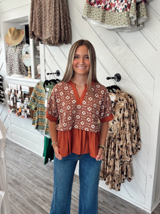 Rust Bloom Contrast Peplum Top