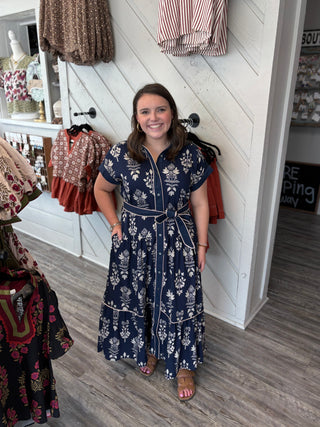 Botanical Breeze Midi Dress in Navy