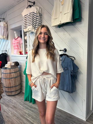 Corded Ribbed Short Sleeve Tee and Shorts Set in Cream