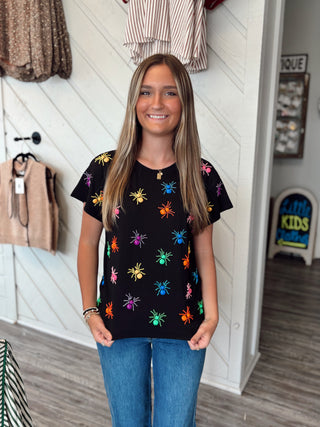 Queen of Sparkles Black Multi Spider Tee