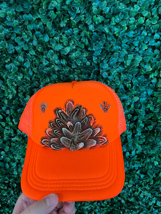 Feather Trucker Hat Bright Orange Double Detail