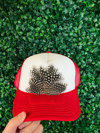 Feather Trucker Hat Red and White