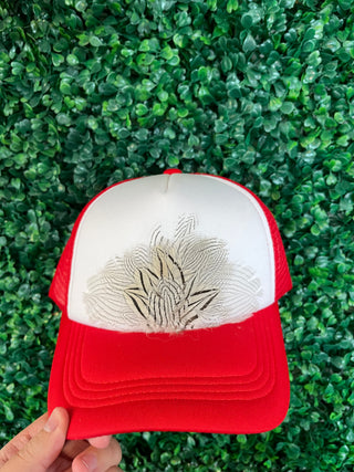 Feather Trucker Hat Red and White Light Feathers