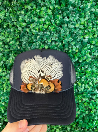 Feather Trucker Hat Black with Brown and Gold