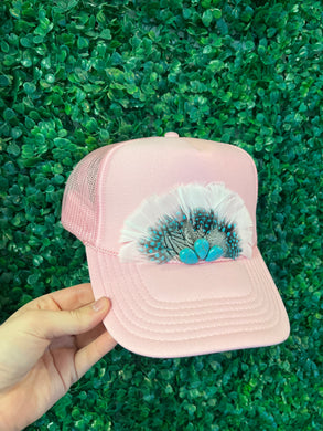 Feather Trucker Hat Baby Pink