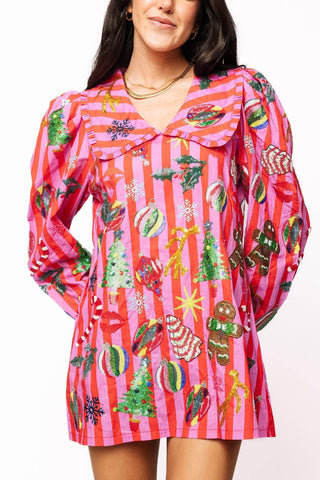 Queen of Sparkles Pink & Red Stripe Christmas Icon Collar Dress
