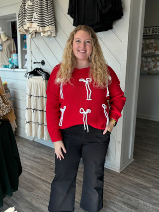 Simply Southern Bow Cable Knit Sweater in Red