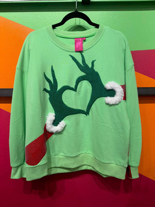 Queen of Sparkles Green Grinch Heart Hands Sweatshirt