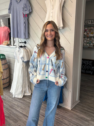 Queen of Sparkles Blue & White Plaid Golf Tee Button Up Cardigan