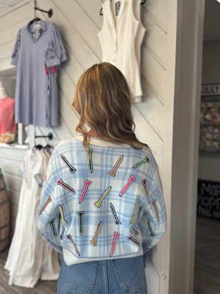 Queen of Sparkles Blue & White Plaid Golf Tee Button Up Cardigan