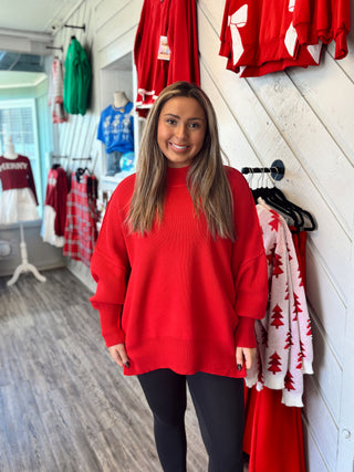 Side Slit Oversized Sweater - Ruby