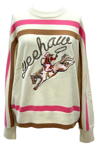 Queen of Sparkles Beige Yeehaw Cowgirl Sweater