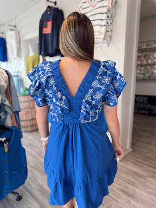 Sunset Soirée Embroidered Ruffle Sleeve Dress – Blue