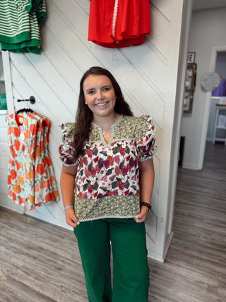 Garden Muse Mixed Print Ruffle Top